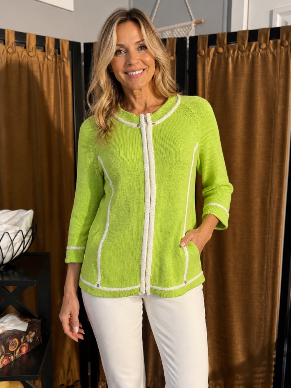 Vibrant Green Knit Zip-Front Sweater Jacket - Women
